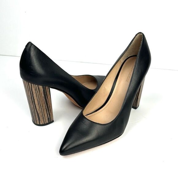 Pour La Victoire Black Leather Pointy Toe Pumps High Striped Block Heels sz 8,5 - Picture 7 of 14